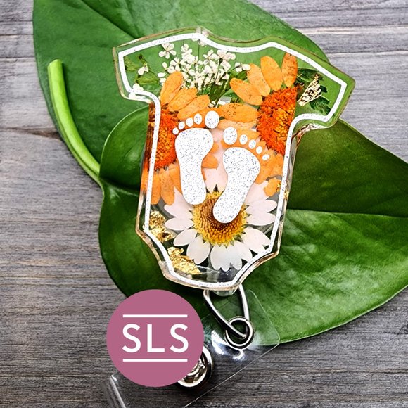 Floral Baby Romper With Footprints Badge Reel-NICU Badge Holder-Gift for NICU RN - Picture 5 of 7